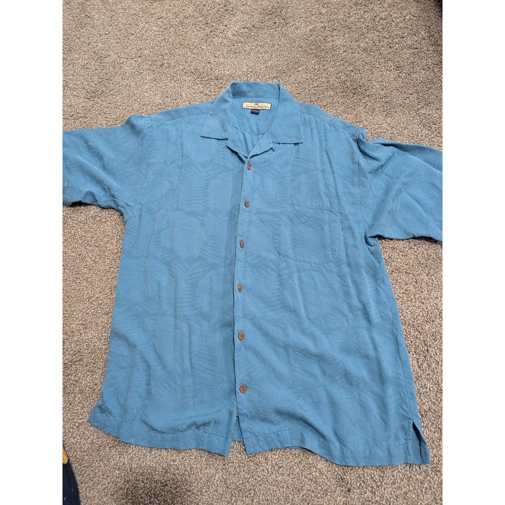 Tommy Bahama Men’s Medium 100% Silk Blue Palm Jacquard Camp Hawaiian Shirt